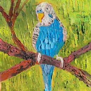 Blauer Papagei Original Ölgemälde Tropischer Vogel Wandkunst Lackiert Natur Kunstwerk Grünem Hintergrund