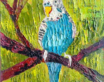 Blauer Papagei Original Ölgemälde Tropischer Vogel Wandkunst