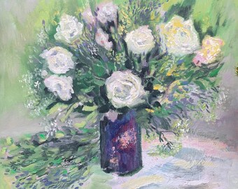 "Original Ölgemälde ""Weiße Rosen"", Blumenstillleben Kunst (23 x 23 zoll Leinwand)"