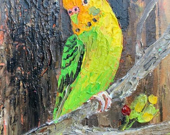 Grüner Papagei-Ölgemälde Original Vogel Kunstwerk Gelackte Ungerahmt Kunst