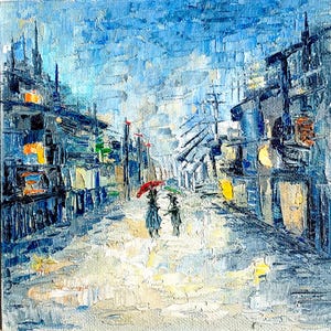 Pintura al óleo de paisaje urbano lluvioso, escena callejera urbana, obra de arte original, arte de ciudad melancólica, decoración de pared para día lluvioso