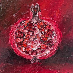Pintura al óleo de granada, arte realista de frutas sobre cartón, bodegón de frutas rojas cortadas