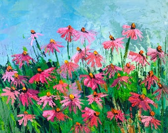 Rosa Sonnenhut Ölgemälde Blumenlandschaft Blauer Himmel Hintergrund Wildblumen Kunstwerk
