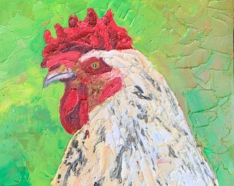 White Rooster oil Painting with Red Comb Original Farmhouse Art Chicken Wall Decor