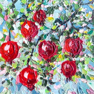 Pintura original de granado rojo, arte botánico, árbol frutal, decoración de pared