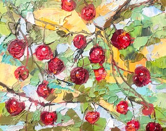 Original Cherry Tree Painting Summer Berries Artwork Red Green Tones
