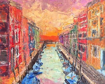 Italy painting Impasto Artwork Burano Canal painting