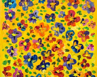 Mehrfarbige Stiefmütterchen-Ölgemälde-gelbe Sonnenblumen-Hintergrund-handgemachte Wand-Kunst