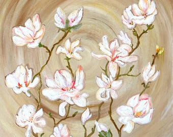 Magnolia Blossom Painting Original Floral Art Beige Background Elegant Wall Decor