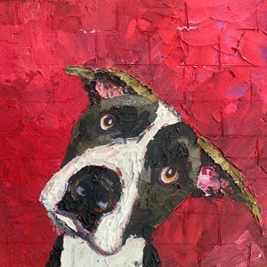 Pintura al óleo original de perro con fondo rojo, arte de mascota sobre cartón