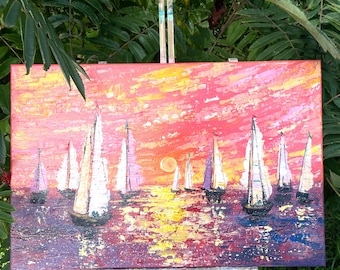 Sailboat Regatta Painting – Pink Sunset Seascape, Original Yacht Art, Romantic Ocean Wall Decor