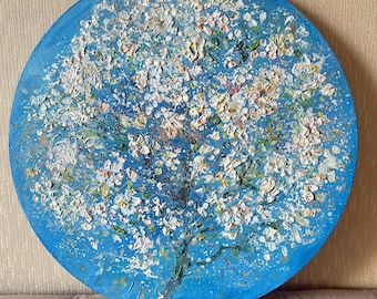 Cherry Blossom Tree Painting Round Impasto Acrylic Artwork Blue Spring Home Decor