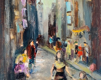 Original Ölgemälde Altstadt rot blau grau Stadtansicht