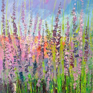 Pintura a óleo de lavanda com fundo rosa, arte floral, azul, roxo, flores bordô