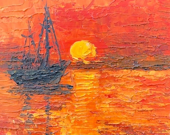 Orange Sunset Sailboat Oil Painting Unframed, Glossy Varnished Cardboard Art
