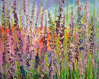 Lavender Oil Painting  Pink Background Floral Art Blue Purple Burgundy Flowers