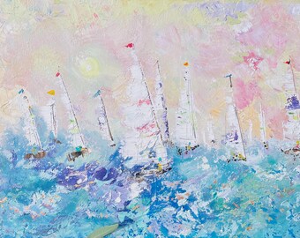 Dipinto astratto di una barca a vela, arte oceanica impressionista, opera d'arte costiera, arredamento per casa al mare