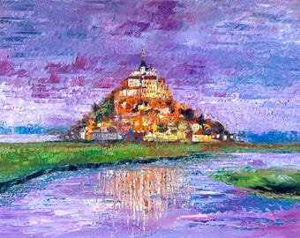 Mont Saint-Michel Ölgemälde Original Französische Landschaft Historische Architektur Küstendorf