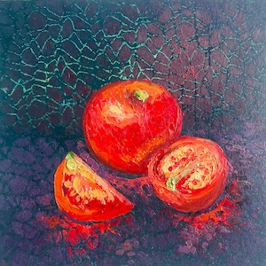 Pintura al óleo de tomates, tomates rojos jugosos, arte mural de cocina, arte de comida vegetal