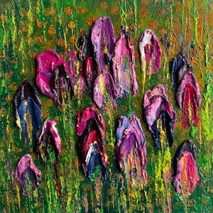Pintura a óleo de flor de íris, arte floral em papelão, arte de parede romântica e ousada