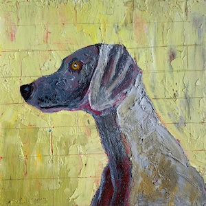 Grijze hond olieverfschilderij huisdier portret handgeschilderde dierlijke kunst kartonnen hond muur decor