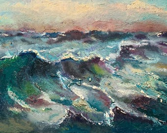 Original Oil Painting Seascape Textured Blue Ocean Waves Artwork