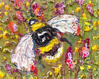 Bee Oil Painting Meadow Original Nature Artwork