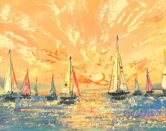 Sunset Sailboats Painting Original Seascape Art Colourful Ocean Sunset Textured Wall Decor