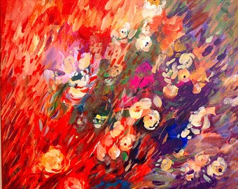 Floral Oil Painting Colourful Flowers Red Canvas Hand-Painted Botanical Art