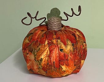 Fabric Covered Pumpkin, Orange Leaves, Autumn, Fall Decor, Halloween, Harvest