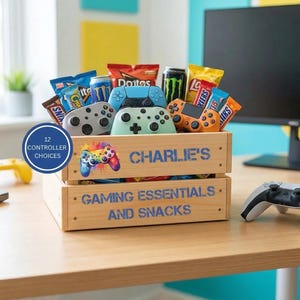 Personalised Gamer Crate - Wooden Gaming Accessories & Snacks Storage