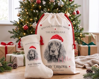 Personalised Cocker Spaniel Christmas Stocking or Santa Sack, Matching Set Available