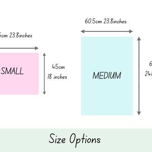 May include: Size options for a product, with two sizes: small, measuring 23.8 inches by 18 inches, and medium, measuring 23.8 inches by 24 inches. The small size is pink and the medium size is light blue.