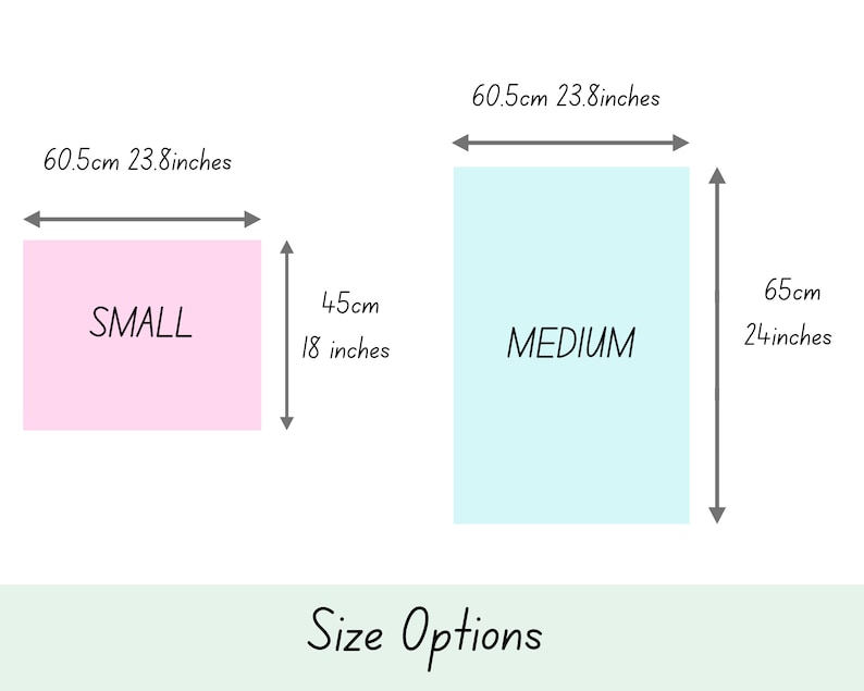 May include: Size options for a product, with two sizes: small, measuring 23.8 inches by 18 inches, and medium, measuring 23.8 inches by 24 inches. The small size is pink and the medium size is light blue.