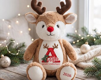 Personalised Christmas Reindeer Teddy with Name and Initial, Children’s Festive Soft Toy Gift