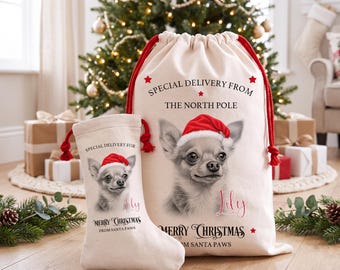 Personalised Light Chihuahua Christmas Stocking or Santa Sack, Matching Set Available