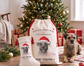 Personalised Border Terrier Christmas Stocking or Santa Sack, Matching Set Available