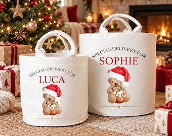 Personalised Christmas Toy Storage Trug, Teddy Bear Festive Gift Basket for Children
