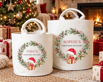 Personalised Christmas Storage Trug, Teddy Bear Wreath Gift Basket for Children