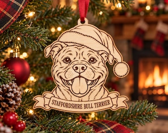 Personalised Staffie Christmas Decoration, Wooden Staffordshire Bull Terrier Bauble