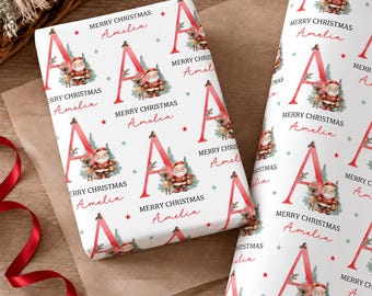 Personalised Christmas Wrapping Paper, Name Initial Santa Reindeer Design, Optional Postage Labels