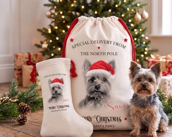 Personalised Yorkshire Terrier Christmas Stocking or Santa Sack, Matching Set Available