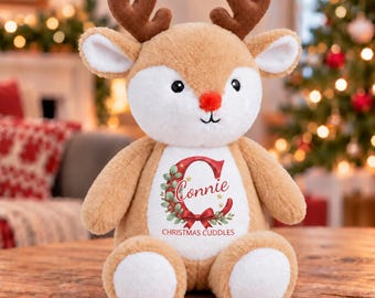 Personalised Christmas Reindeer Soft Toy with Name and Initial, Festive Cuddly Teddy Gift