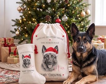 Personalised Short-Haired German Shepherd Christmas Stocking or Santa Sack, Matching Set Available