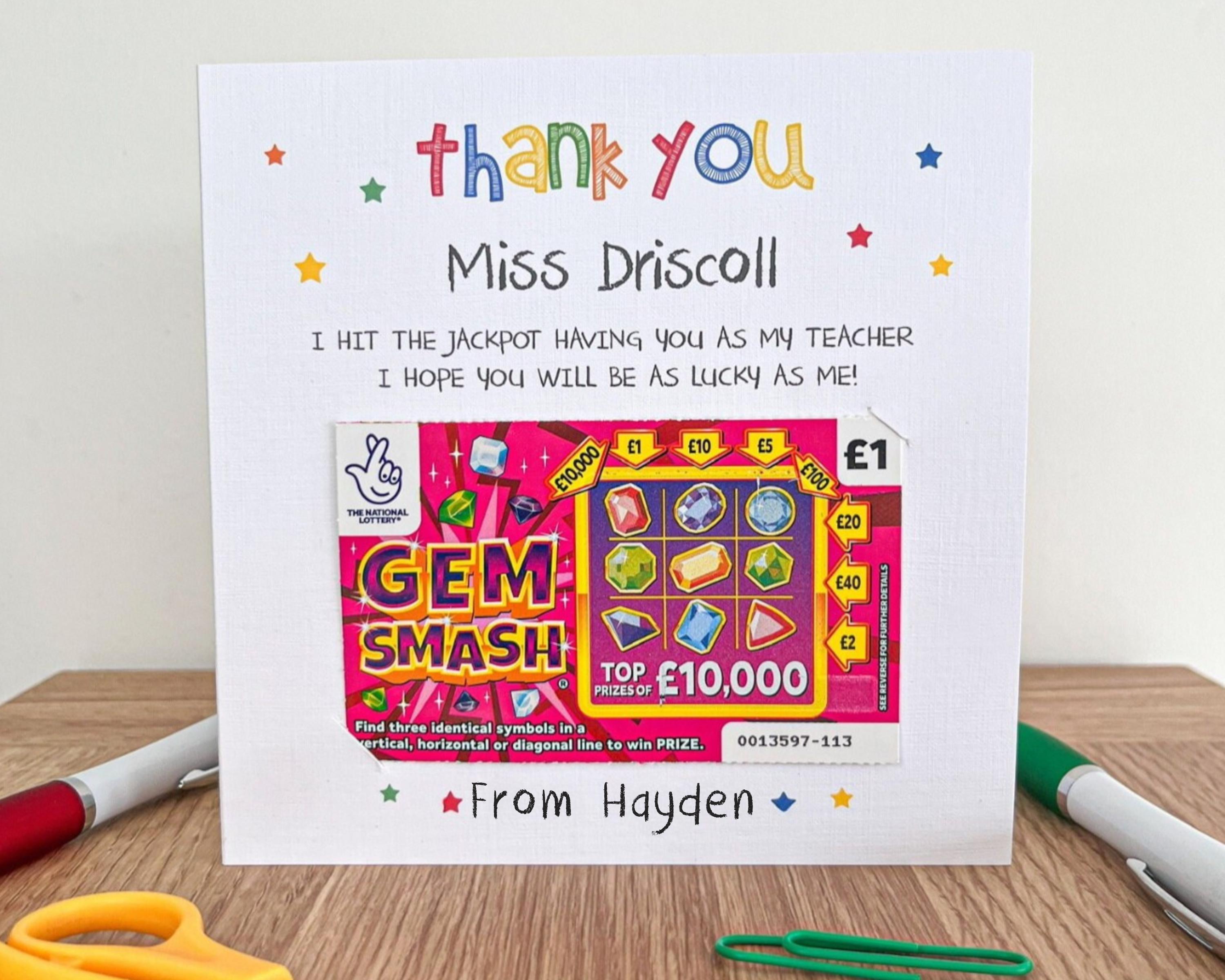 Personalised Teacher Thank You Card, Scratch Card Holder, End of Term ...
