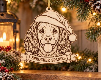 Personalised Sprocker Spaniel Christmas Ornament, Engraved Wooden Dog Bauble