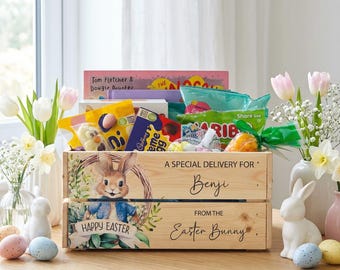 Personalised Wooden Easter Crate, Blue Jacket Rabbit, Easter Gift