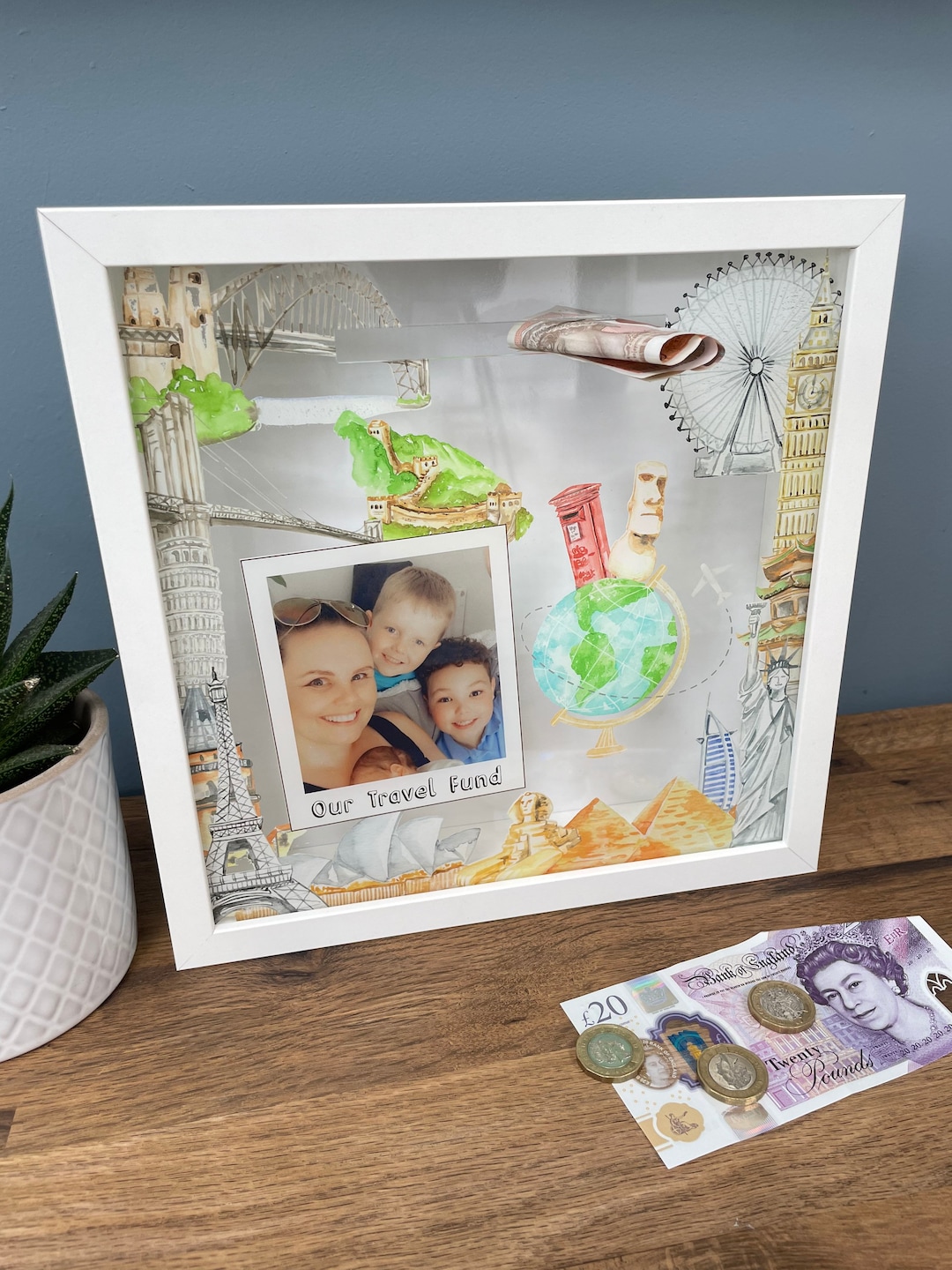 Personalised Travel Frame, Money Box, Savings Frame Slot Frame
