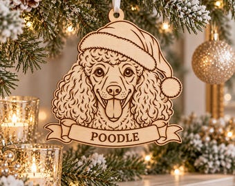 Poodle Christmas Ornament, Personalised Engraved Wooden Dog Name Bauble