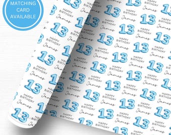 Personalised 13th Birthday Wrapping Paper: Blue Balloon Design